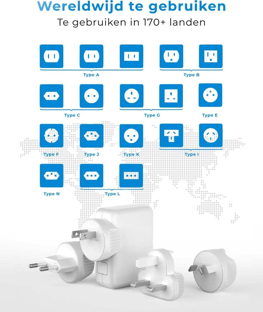 Voomy Universele Wereldstekker - 170+ Landen - 4 USB Poorten - Reisstekker Wereld - Wit 8 Voomy Universele Wereldstekker - 170+ Landen - 4 USB Poorten - Reisstekker Wereld - Wit - Afbeelding 7