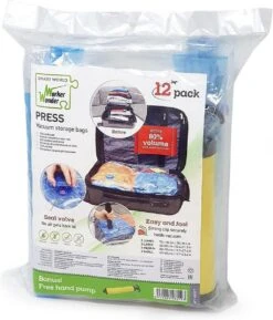 Wonder Worker PRESS - Herbruikbare Vacuum Opbergzakken Set - Vacuumzakken Kledingzakken Vacumeer Bags Zak Reis Koffer/Bagage Opberger Kledingzak - 80% Ruimtebesparend - Onder Bed Kleding/Dekbed/Kussen Opbergen - 12 Stuks Small/Medium/Large - Met Pomp -Voyago Winkel 1025x1200 5