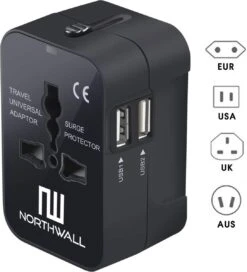 Northwall Universele Wereldstekker Met 2 Fast Charge USB Poorten - Internationale Reisstekker Voor 150+ Landen - Engeland, Amerika, Zuid Afrika, USA, Italië, Uk, Australië, India, ...