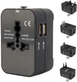 Benson Wereldstekker - Reisadapter - Internationaal - 2 USB Poorten - Zwart