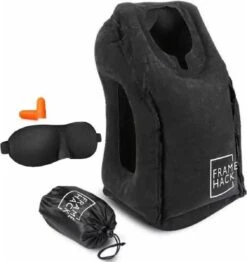 Framehack Zacht Opblaasbaar Reiskussen - Inclusief Slaapmasker, Oordopjes En Opbergzakje - Zwart