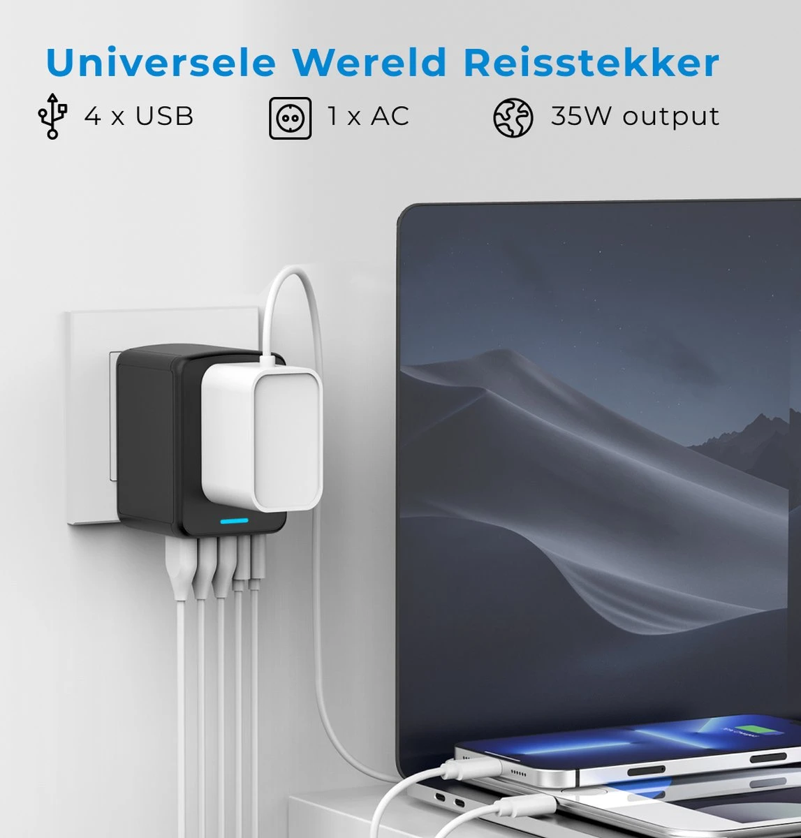 Voomy Reisstekker 35W Snellader - 2 USB-C & 3 USB-A Poorten - Wereldstekker Universeel - Zwart 8 Voomy Reisstekker 35W Snellader - 2 USB-C & 3 USB-A Poorten - Wereldstekker Universeel - Zwart - Afbeelding 6