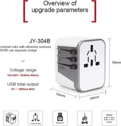 Merkloos Universele Wereldstekker Met 4 USB Poorten - Internationale Reisstekker Voor 150+ Landen-Australië - Zuid Amerika-Engeland (UK) - Amerika (USA) - Reis Adapter - Wereld Stekker - Oplader – Wit Met Grijs -Voyago Winkel 1152x1200 13