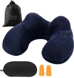Traveltime Opblaasbaar Nekkussen Met Opbergtasje - Vliegtuig Kussen - Reiskussentje - Fluweel - U-Vorm - Blauw