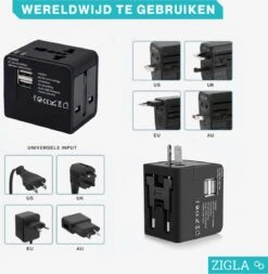 ZIGLA – Universele Reisstekker Met 2 USB Poorten - Wereldstekker - 1500 Watt Internationale Reisstekker Voor 150+ Landen - Zwart -Voyago Winkel 1171x1200 4