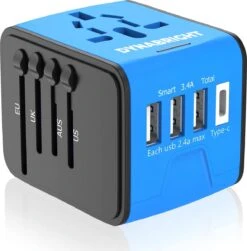 DynaBright Universele Wereldstekker Met USB-C En 3 USB Poorten - Internationale Reisstekker - 4 Delig - Reisadapter - Blauw - Reisstekker