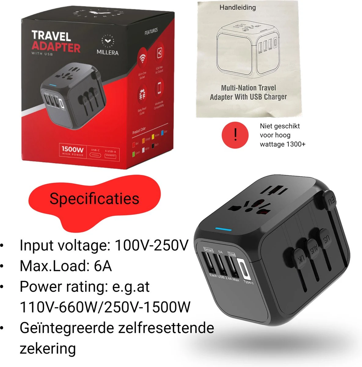 Millera Universele Wereldstekker Met 1 Fast USB-C Charge En 3 USB Poorten - Reisstekker Voor 150+ Landen – Internationale Stekker Zwart 11 Millera Universele Wereldstekker Met 1 Fast USB-C Charge En 3 USB Poorten - Reisstekker Voor 150+ Landen – Internationale Stekker Zwart - Afbeelding 9