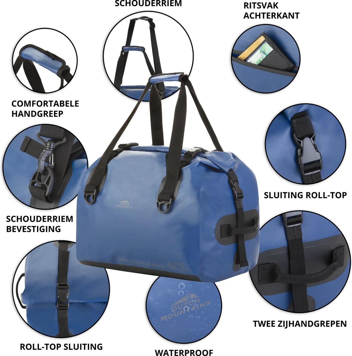Dutch Mountains Reistas 40ltr – Waterdichte Duffelbag – Sporttas – Travelbag - Roll-top Sluiting – Blauw 5 Dutch Mountains Reistas 40ltr – Waterdichte Duffelbag – Sporttas – Travelbag - Roll-top Sluiting – Blauw - Afbeelding 3
