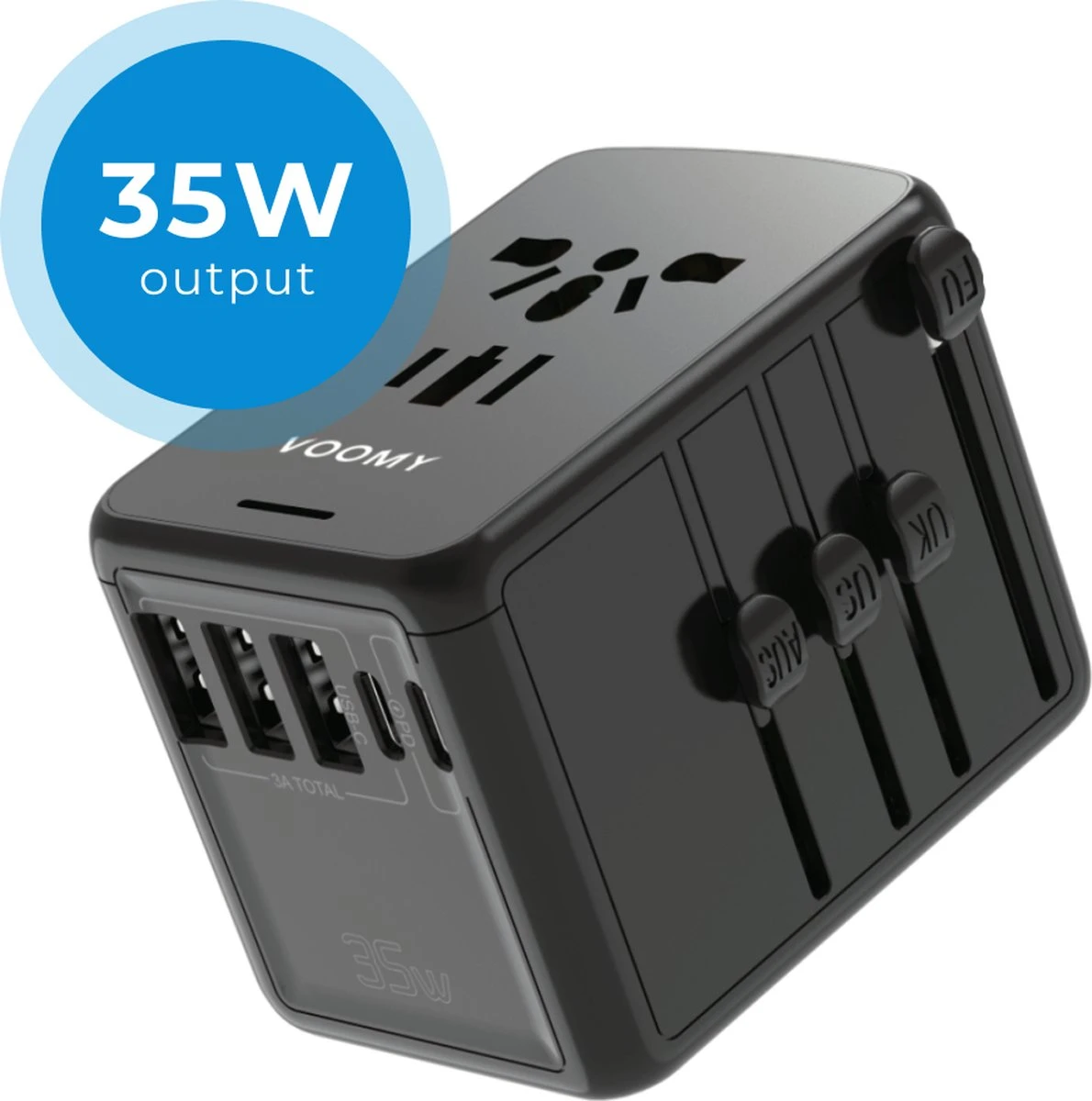 Voomy Reisstekker 35W Snellader - 2 USB-C & 3 USB-A Poorten - Wereldstekker Universeel - Zwart 3 Voomy Reisstekker 35W Snellader - 2 USB-C & 3 USB-A Poorten - Wereldstekker Universeel - Zwart