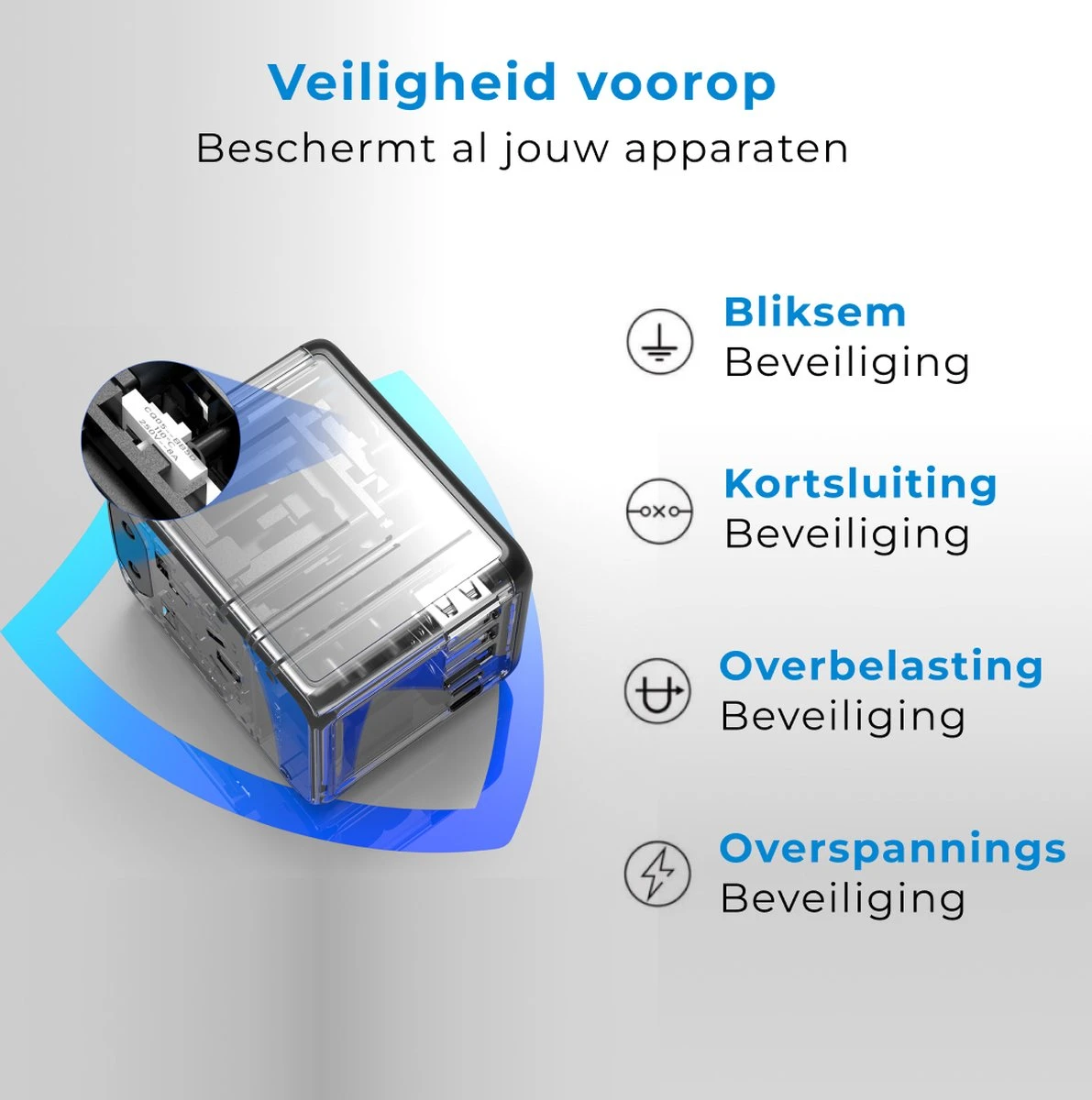 Voomy Reisstekker 35W Snellader - 2 USB-C & 3 USB-A Poorten - Wereldstekker Universeel - Zwart 10 Voomy Reisstekker 35W Snellader - 2 USB-C & 3 USB-A Poorten - Wereldstekker Universeel - Zwart - Afbeelding 8