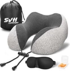 SVH Company Premium Nekkussen Met Gratis Slaapmasker En Oordoppen – Ergonomische Memory Foam Reiskussen Voor Op Reis – Auto Vliegtuig Reis Nek Kussen Travel Pillow – Grijs