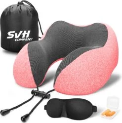 SVH Company Premium Nekkussen Met Gratis Slaapmasker En Oordoppen – Ergonomische Memory Foam Reiskussen Voor Op Reis – Auto Vliegtuig Reis Nek Kussen Travel Pillow – Roze