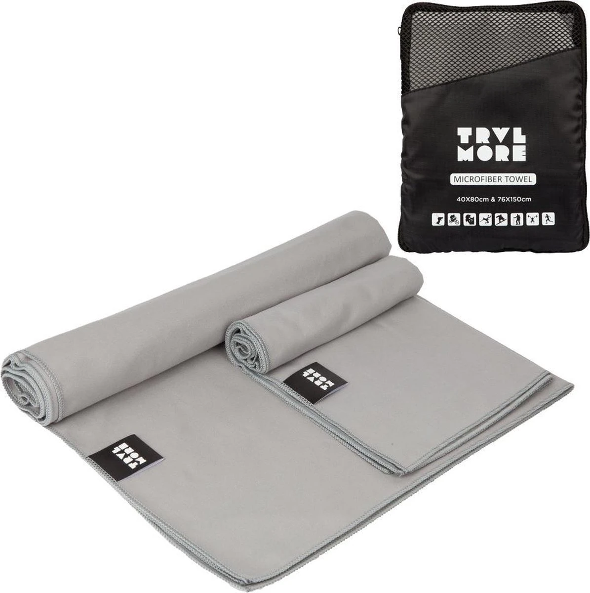 TRVLMORE Microvezel Reishanddoek Set - 2 Stuks - Small (40 X 80 Cm) & Large (76 X 150 Cm) - Microvezel - Grijs 3 TRVLMORE Microvezel Reishanddoek Set - 2 Stuks - Small (40 X 80 Cm) & Large (76 X 150 Cm) - Microvezel - Grijs