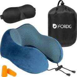 ForDig Premium Nekkussen Blauw Inclusief Slaapmasker & Oordopjes - Memory Foam Reiskussen - Ergonomisch Vliegtuig Reis Nek Kussen - Neksteun Reiskussentje Auto - Air Travel Pillow
