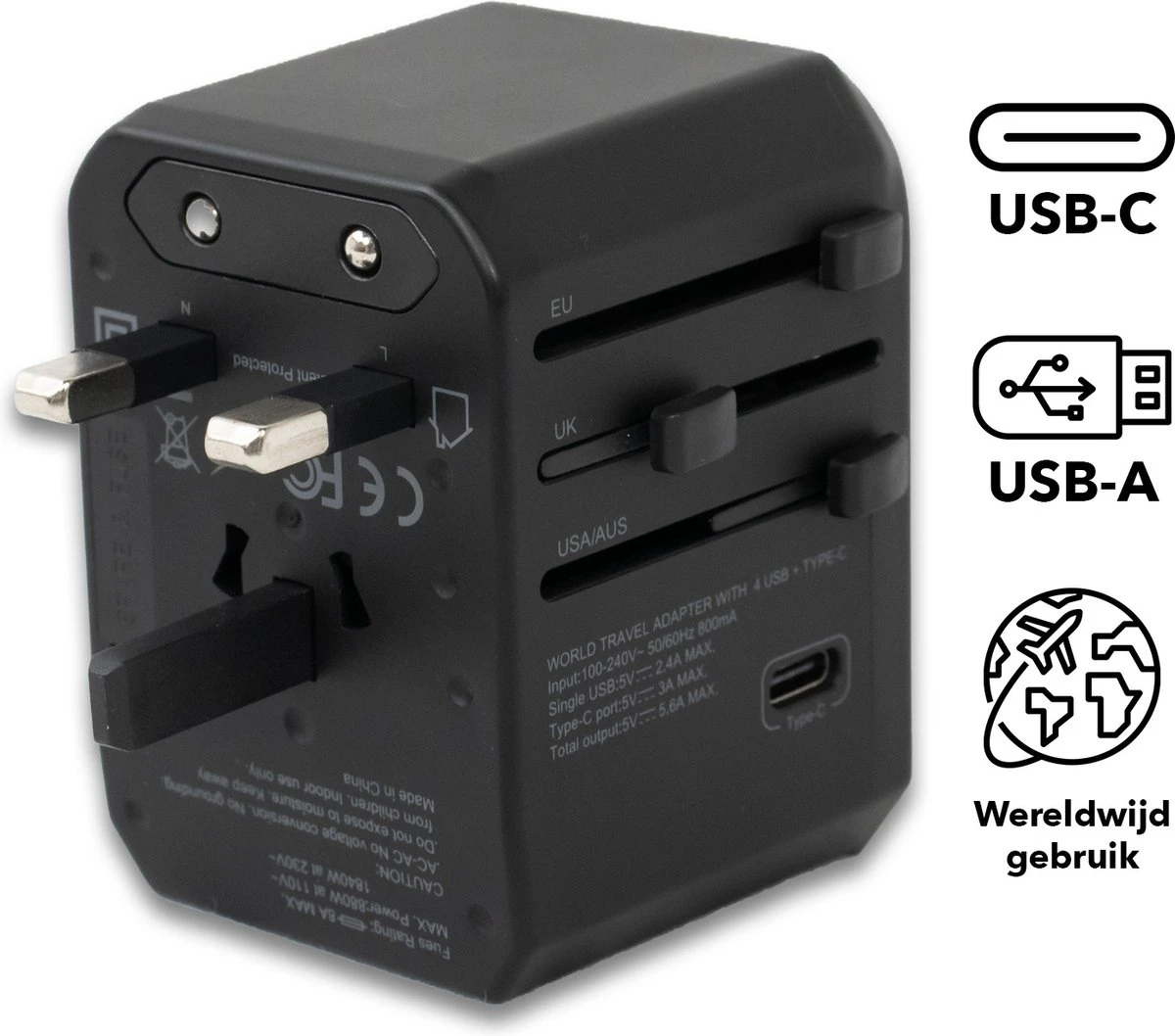 MTM Universele Reisstekker Met USB-C En 4 USB Poorten - Internationale Reisstekker Voor 150+ Landen - Zwart 3 MTM Universele Reisstekker Met USB-C En 4 USB Poorten - Internationale Reisstekker Voor 150+ Landen - Zwart