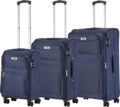 TravelZ Softspinner TSA Kofferset - 3-delige Zachte Trolleyset - Dubbele Wielen En Voorvakken Blauw