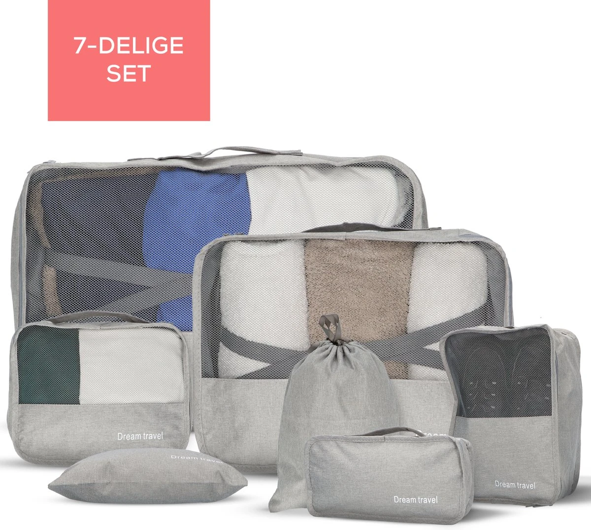 Dream Travel Packing Cubes Set 7 Stuks - Grijs - Koffer Organizer Set - Packing Cubes Backpack 3 Dream Travel Packing Cubes Set 7 Stuks - Grijs - Koffer Organizer Set - Packing Cubes Backpack