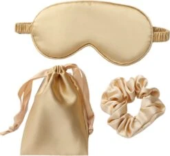 Slaapmasker 3-in-1 Bijpassend Zakje En Scrunchie - Goud - Oogmasker - Vrouwen - Zijde - Slaapmaskers - Slaap - Cadeau Voor Haar