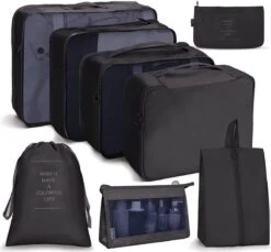 Naro Packing Cubes - 8 Delig - Koffer Organizer - Backpack Organizer - Baggage Organizers - Cubes Compression - Compression Cube - Reistassen - Zwart