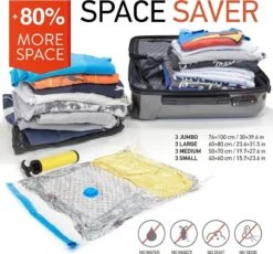 Wonder Worker PRESS - Herbruikbare Vacuum Opbergzakken Set - Vacuumzakken Kledingzakken Vacumeer Bags Zak Reis Koffer/Bagage Opberger Kledingzak - 80% Ruimtebesparend - Onder Bed Kleding/Dekbed/Kussen Opbergen - 12 Stuks Small/Medium/Large - Met Pomp -Voyago Winkel 1200x1117 8