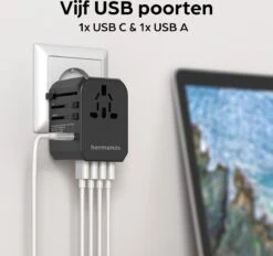 Hermanos® Reisstekker - Universele Wereldstekker Met USB-C En 4 USB Poorten - Internationale Reisstekker Voor 150+ Landen - 2000 Watt - Amerika (USA) - Engeland (UK) - Australië - Azië - Zuid Amerika - Afrika - Zwart - HWS01 -Voyago Winkel 1200x1126 9