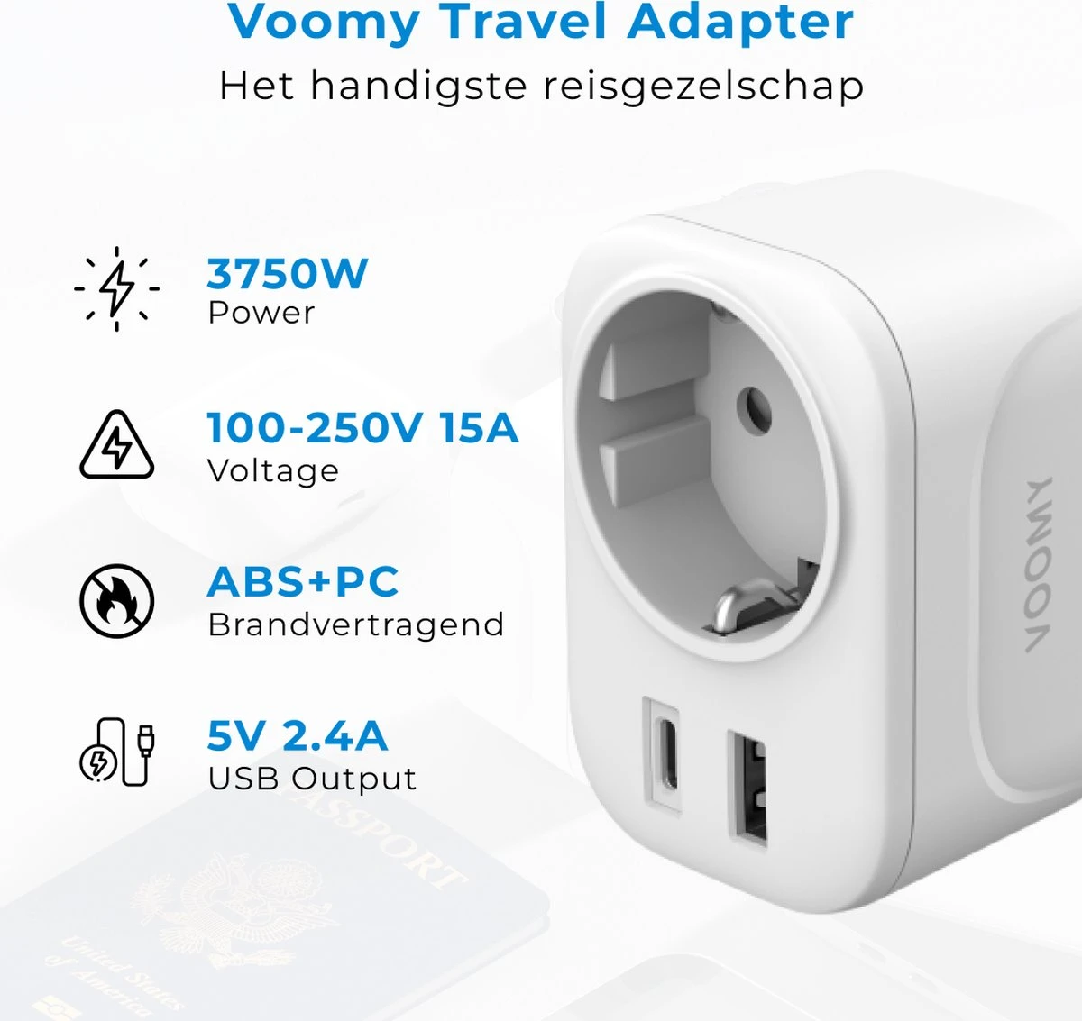 Voomy Reisstekker Amerika/USA - Wereldstekker Type B - USB-C & USB-A - Wit 9 Voomy Reisstekker Amerika/USA - Wereldstekker Type B - USB-C & USB-A - Wit - Afbeelding 7