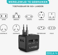 ZIGLA – Universele Reisstekker Met 2 USB Poorten - Wereldstekker - 1500 Watt Internationale Reisstekker Voor 150+ Landen - Zwart -Voyago Winkel 1200x1138 7