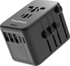 TravelHawk Universele Wereldstekker Met 2x Fastcharge USB-C En 3 USB Poorten - Reisstekker - Internationale Reisstekker Voor 150+ Landen - Amerika (USA) - Engeland (UK) - Australië - Azië - Zuid Amerika - Afrika - Wereldstekkers - Zwart