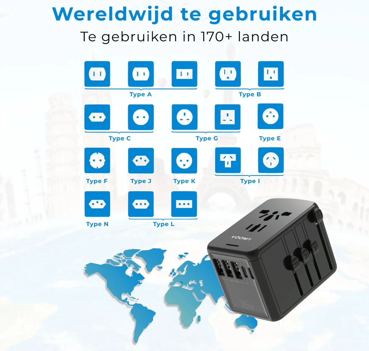 Voomy Reisstekker 35W Snellader - 2 USB-C & 3 USB-A Poorten - Wereldstekker Universeel - Zwart 4 Voomy Reisstekker 35W Snellader - 2 USB-C & 3 USB-A Poorten - Wereldstekker Universeel - Zwart - Afbeelding 2