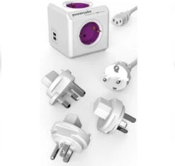 DesignNest PowerCube ReWirable DUO USB Reisstekker - Reis Adapter - 4 Stopcontacten - 2 USB Laders - 3x Wereld Reis Plug + 1 Meter IEC EU Kabel DE - Wit/Paars - Wereld Stekker -Voyago Winkel 1200x1143 13