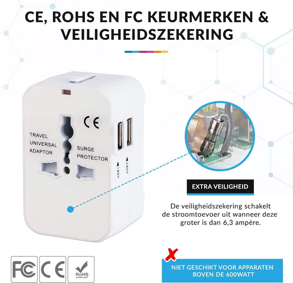 Reisstekker Universeel Met 2 USB Poorten – Wereldstekker Voor O.a. Europa/Amerika(USA)/Engeland(UK)/Australië – Wit 6 Reisstekker Universeel Met 2 USB Poorten – Wereldstekker Voor O.a. Europa/Amerika(USA)/Engeland(UK)/Australië – Wit - Afbeelding 4