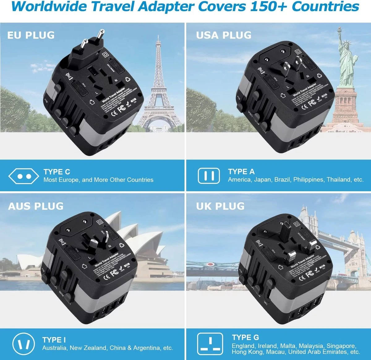 Universele Wereldstekker Met 4 USB-C En USB Poorten - Internationale Reisstekker Voor 150+ Landen - EU - Engeland (UK) - Amerika (USA) - Australië - Azië - Zuid Amerika - Reis Adapter - Wereld Stekker - Oplader – Wit 5 Universele Wereldstekker Met 4 USB-C En USB Poorten - Internationale Reisstekker Voor 150+ Landen - EU - Engeland (UK) - Amerika (USA) - Australië - Azië - Zuid Amerika - Reis Adapter - Wereld Stekker - Oplader – Wit - Afbeelding 3