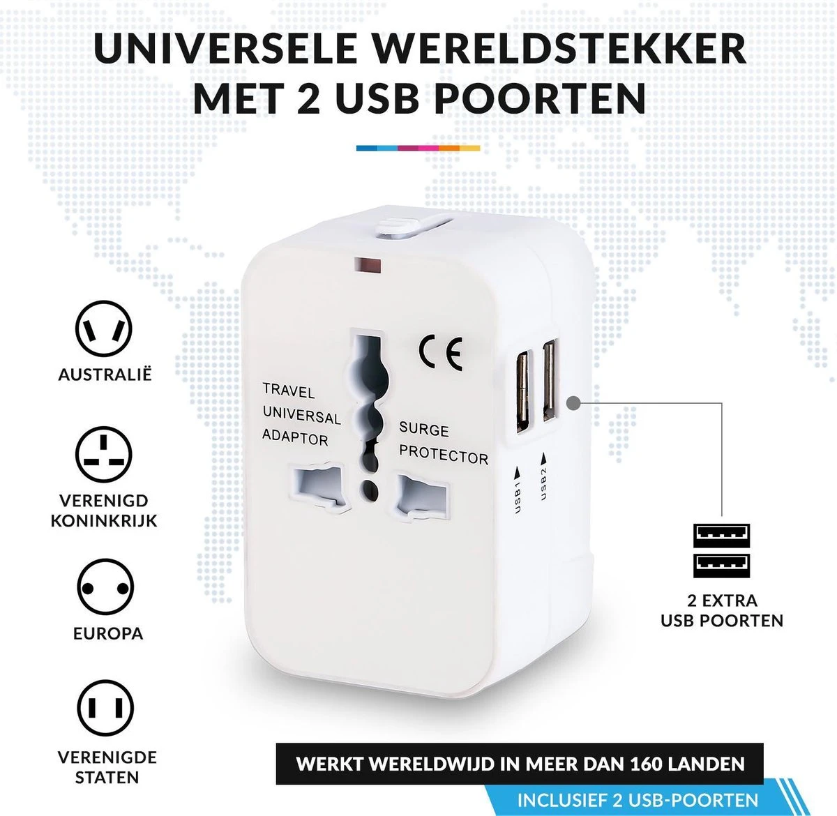 Reisstekker Universeel Met 2 USB Poorten – Wereldstekker Voor O.a. Europa/Amerika(USA)/Engeland(UK)/Australië – Wit 4 Reisstekker Universeel Met 2 USB Poorten – Wereldstekker Voor O.a. Europa/Amerika(USA)/Engeland(UK)/Australië – Wit - Afbeelding 2