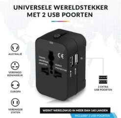 Reisstekker Universeel Met 2 USB Poorten – Wereldstekker Voor O.a. Europa/Amerika(USA)/Engeland(UK)/Australië – Zwart -Voyago Winkel 1200x1170 8