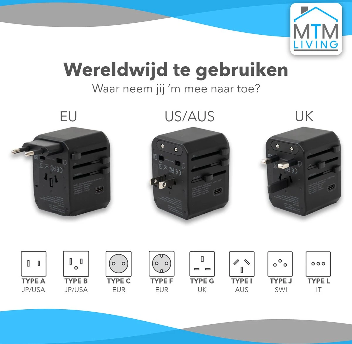 MTM Universele Reisstekker Met USB-C En 4 USB Poorten - Internationale Reisstekker Voor 150+ Landen - Zwart 4 MTM Universele Reisstekker Met USB-C En 4 USB Poorten - Internationale Reisstekker Voor 150+ Landen - Zwart - Afbeelding 2