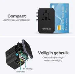 TenTravel Universele Wereldstekker + Etui - USB-C En 4 USB Poorten - 170+ Landen - 2000W - Internationale Reisstekker - O.a. Amerika, Engeland, Italie En Zuid-Afrika - Zwart -Voyago Winkel 1200x1180 25