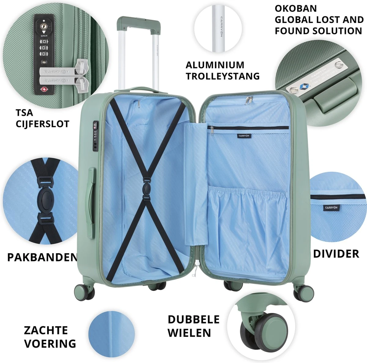 CarryOn Skyhopper Kofferset – TSA Handbagage + Reiskoffer 78cm – Dubbele Wielen - Olijf 8 CarryOn Skyhopper Kofferset – TSA Handbagage + Reiskoffer 78cm – Dubbele Wielen - Olijf - Afbeelding 6