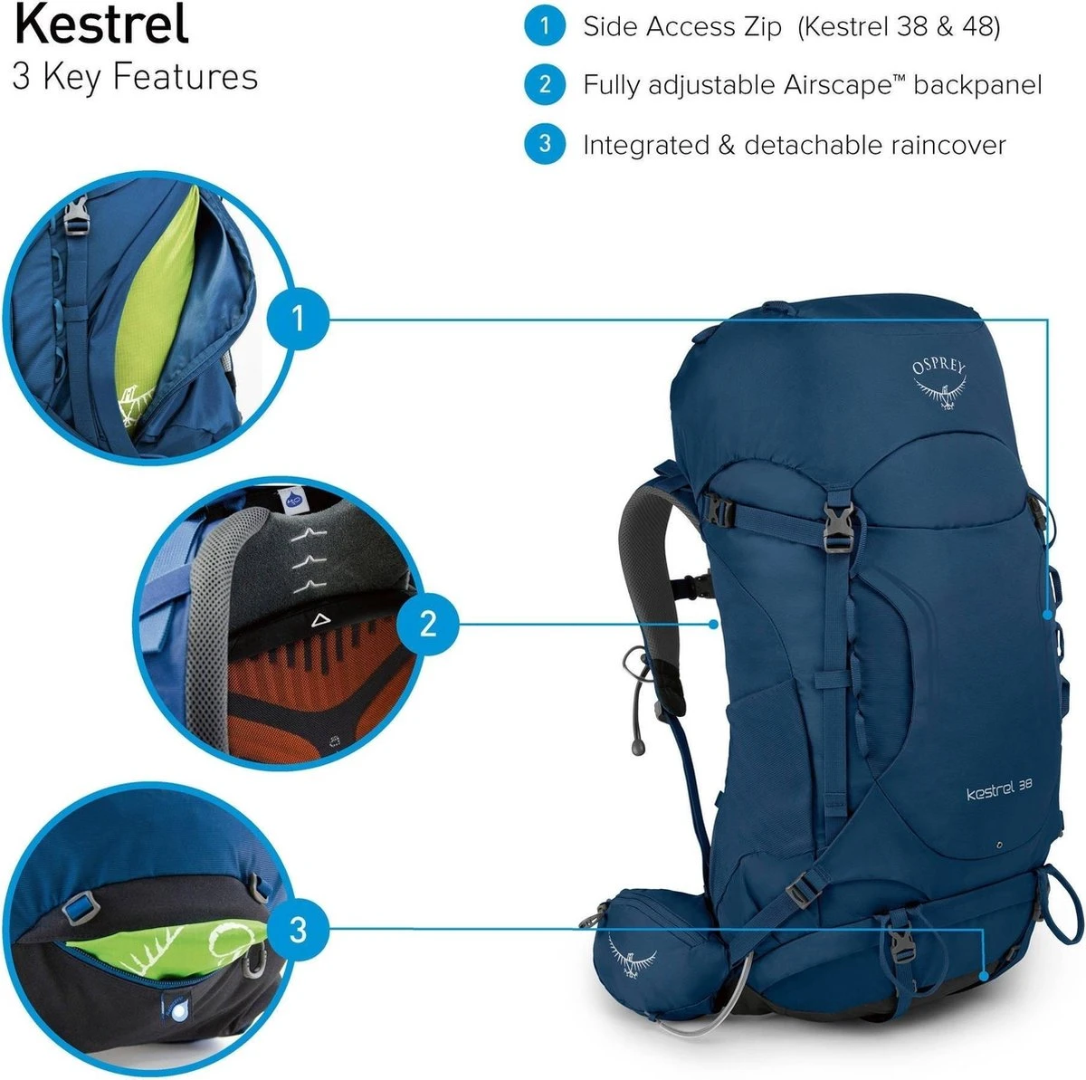 Osprey Backpack / Rugtas / Wandel Rugzak - Kestrel - Blauw 9 Osprey Backpack / Rugtas / Wandel Rugzak - Kestrel - Blauw - Afbeelding 7