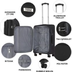 TravelZ Softspinner TSA Kofferset - 2-delig Handbagage + Grote Koffer 77cm - Dubbele Wielen - Zwart -Voyago Winkel 1200x1193 9