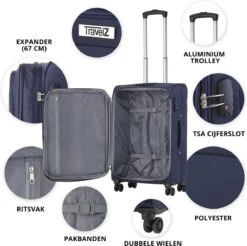 Travelz Softspinner TSA Reiskoffer 67cm - Zachte Reiskoffer Met Expander - Blauw -Voyago Winkel 1200x1194 9