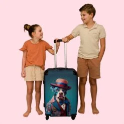 NoBoringSuitcases.com® Koffer Groot - Hond - Hoed - Colbert - Bloemen - Blauw - Trolley Koffer Met TSA-slot - Met Wielen - 90 Liter - Reiskoffer - 66 Cm -Voyago Winkel 1200x1200 1896