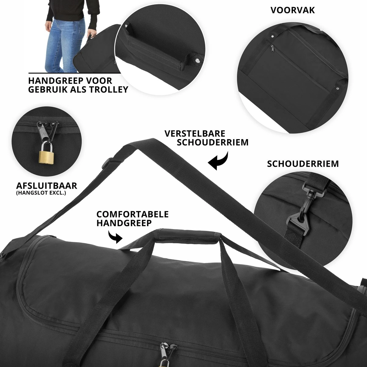 TravelZ Opvouwbare Wieltas | Reistas Op Wielen | 100 Liter | Verbeterd 2022 Model | Zwart 6 TravelZ Opvouwbare Wieltas | Reistas Op Wielen | 100 Liter | Verbeterd 2022 Model | Zwart - Afbeelding 4