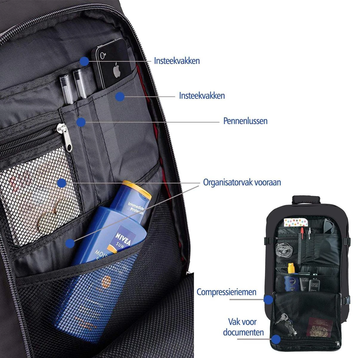 CabinMax Metz Reistas– Handbagage 44L- Rugzak – Schooltas - Backpack 55x40x20cm – Lichtgewicht - Zwart (MZ BK) 4 CabinMax Metz Reistas– Handbagage 44L- Rugzak – Schooltas - Backpack 55x40x20cm – Lichtgewicht - Zwart (MZ BK) - Afbeelding 2