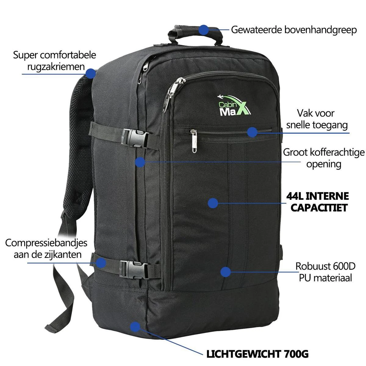 CabinMax Metz Reistas– Handbagage 44L- Rugzak – Schooltas - Backpack 55x40x20cm – Lichtgewicht - Zwart (MZ BK) 5 CabinMax Metz Reistas– Handbagage 44L- Rugzak – Schooltas - Backpack 55x40x20cm – Lichtgewicht - Zwart (MZ BK) - Afbeelding 3