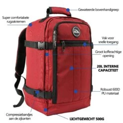 CabinMax Metz Reistas – Handbagage 20L – Rugzak – Schooltas - 40x25x20 Cm – Compact Backpack – Lichtgewicht – Oxide Rood -Voyago Winkel 1200x1200 2900