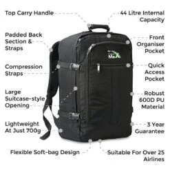 CabinMax Metz Reistas– Handbagage 44L- Rugzak – Schooltas - Backpack 55x40x20cm – Lichtgewicht - Zwart Nocturna (MZ SP-NA) -Voyago Winkel 1200x1200 3024