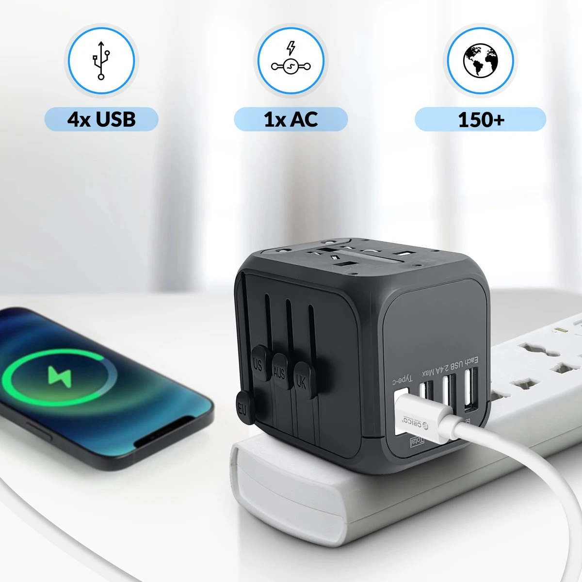 Millera Universele Wereldstekker Met 1 Fast USB-C Charge En 3 USB Poorten - Reisstekker Voor 150+ Landen – Internationale Stekker Zwart 8 Millera Universele Wereldstekker Met 1 Fast USB-C Charge En 3 USB Poorten - Reisstekker Voor 150+ Landen – Internationale Stekker Zwart - Afbeelding 6