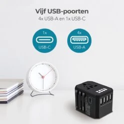 TRVLMORE Universele Wereldstekker - USB-C En 4 USB Poorten - 2000W - Internationale Reisstekker - Zwart -Voyago Winkel 1200x1200 3184
