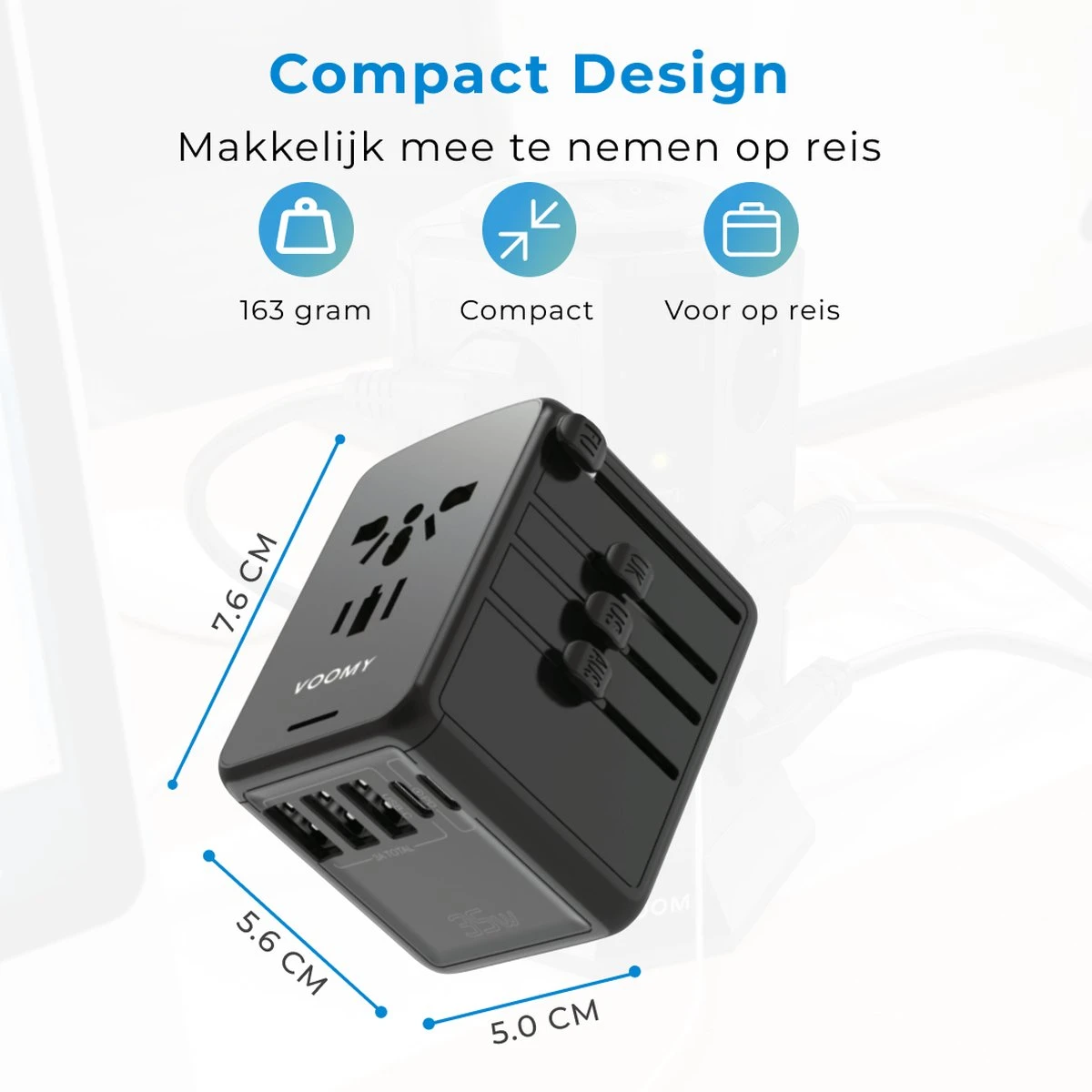 Voomy Reisstekker 35W Snellader - 2 USB-C & 3 USB-A Poorten - Wereldstekker Universeel - Zwart 11 Voomy Reisstekker 35W Snellader - 2 USB-C & 3 USB-A Poorten - Wereldstekker Universeel - Zwart - Afbeelding 9