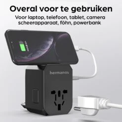 Hermanos® Reisstekker - Universele Wereldstekker Met USB-C En 4 USB Poorten - Internationale Reisstekker Voor 150+ Landen - 2000 Watt - Amerika (USA) - Engeland (UK) - Australië - Azië - Zuid Amerika - Afrika - Zwart - HWS01 -Voyago Winkel 1200x1200 3319